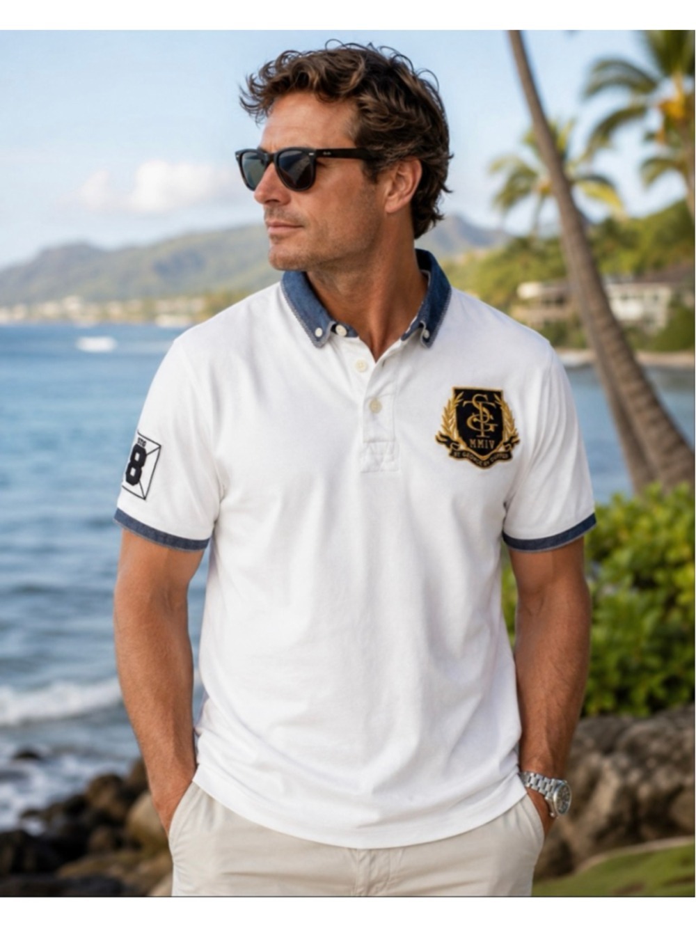 St George By Duffer White Crest Polo Shirt Men’s Large Rugby Preppy Golf